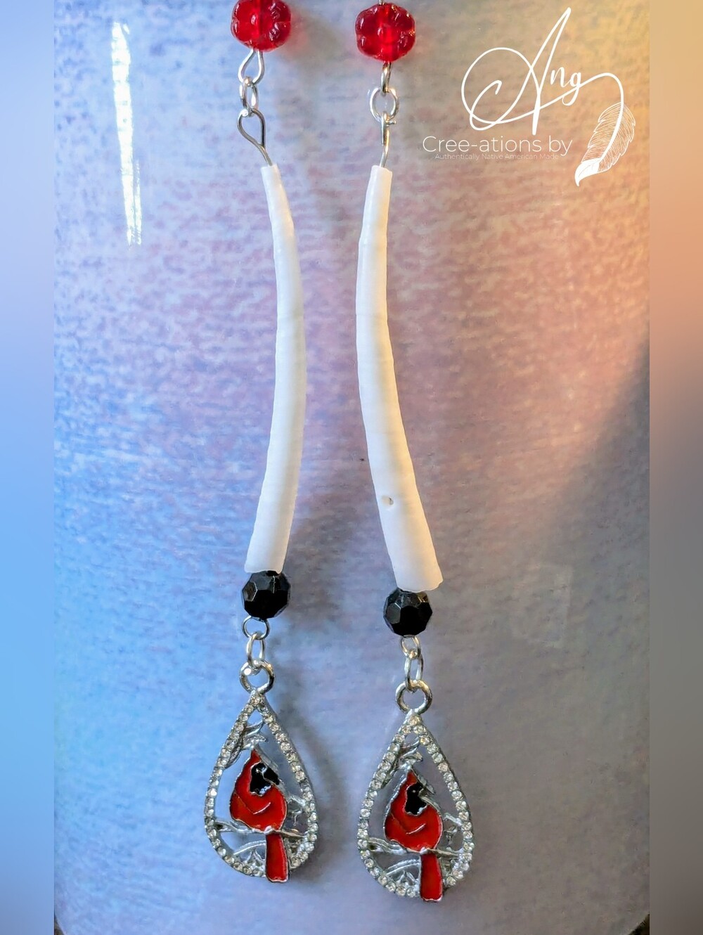 White Teardrop Red Cardinal Dangle Earrings
